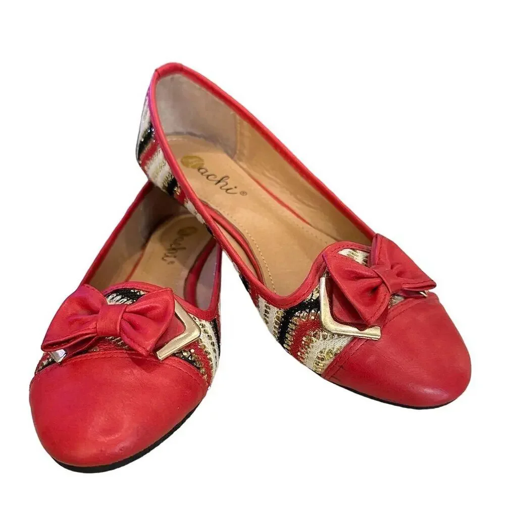 Machi Women's Red Plaid Ballet Flats Size 7 with‎ Bow Accent